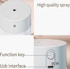 “Mini ultrasonic humidifier releasing mist in a minimal home setting.”
