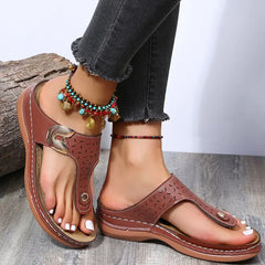 Round Head Hollow Metal Buckle Wedge Heel Sandals