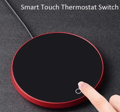 “Red touch-control mug warmer showing temperature ring light”