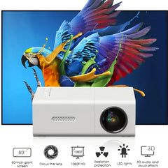 White projector displaying features like 80-inch screen, focus lens, 1080P HD, radiation protection, LED lights, and 3D audio