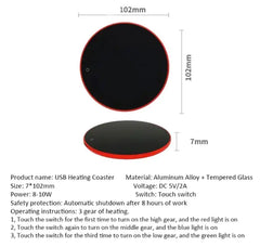 “Operating instructions mug warmer showing Size: 7*102mm Power: 8-10w and temperature ring light”
