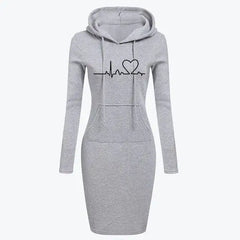 Gray hoodie dress with a heart and pulse line design on a white background