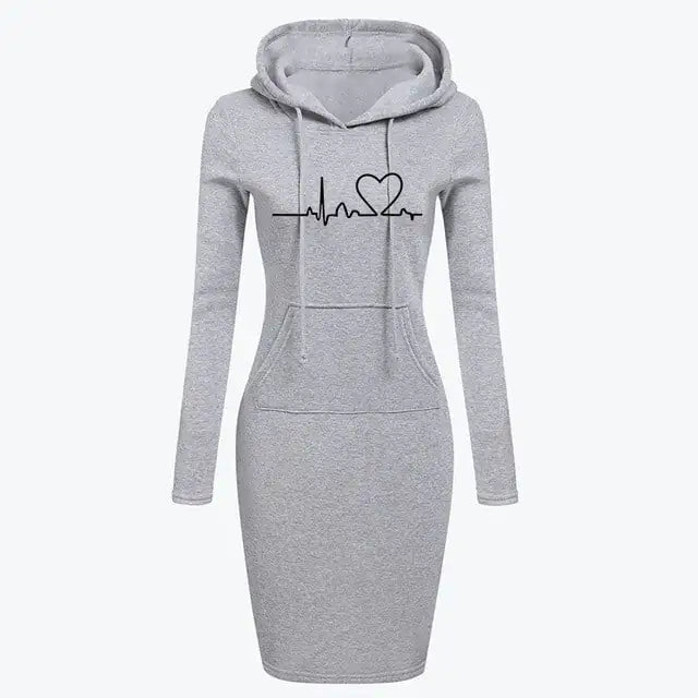 Gray hoodie dress with a heart and pulse line design on a white background