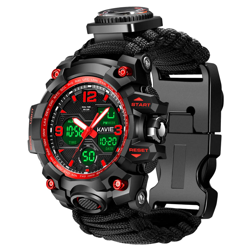 23-in-1 Survival Military Digital Watch Mens Tactical Multi-Functional and Adjustable Wristband Outdoors Waterproof Red Sports Watches with Compass Paracord Band