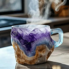 “Resin mineral crystal coffee mug in Purple and brown  stone finish on tabletop burple style”