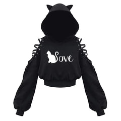 Womens Cat Ear Hoodie Pullover Long Sleeve Off Shoulder Cute Crop Top Hoodies Sweatshirt