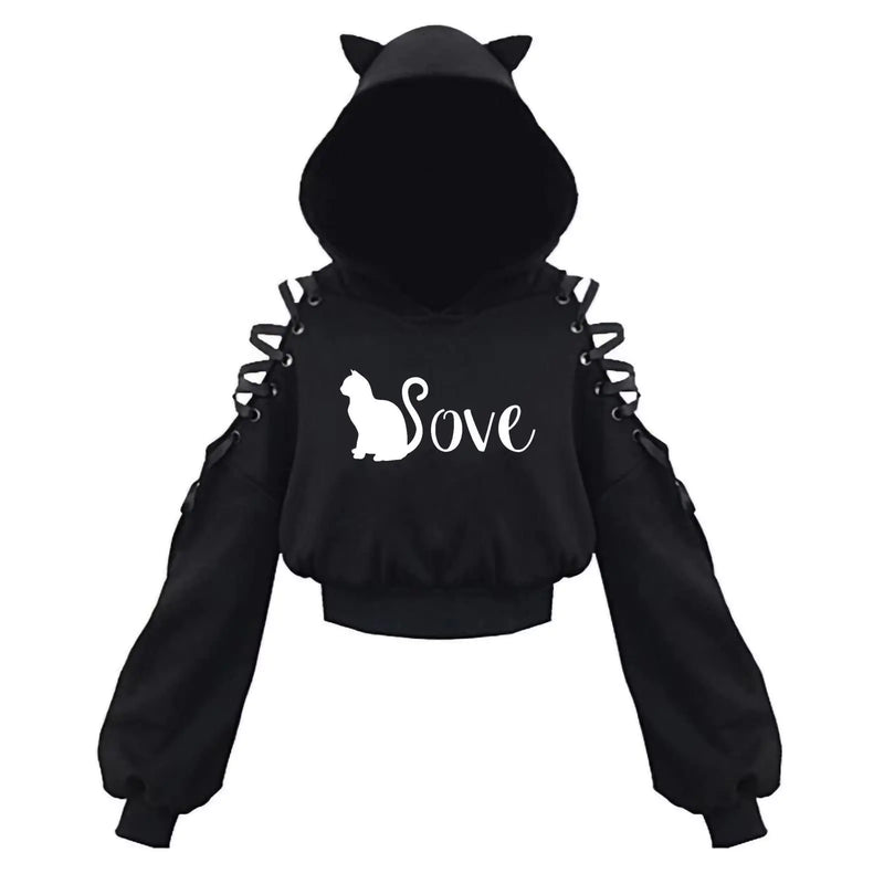 Womens Cat Ear Hoodie Pullover Long Sleeve Off Shoulder Cute Crop Top Hoodies Sweatshirt