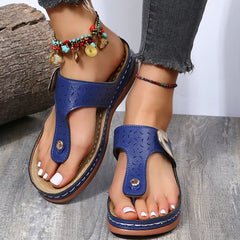Round Head Hollow Metal Buckle Wedge Heel Sandals