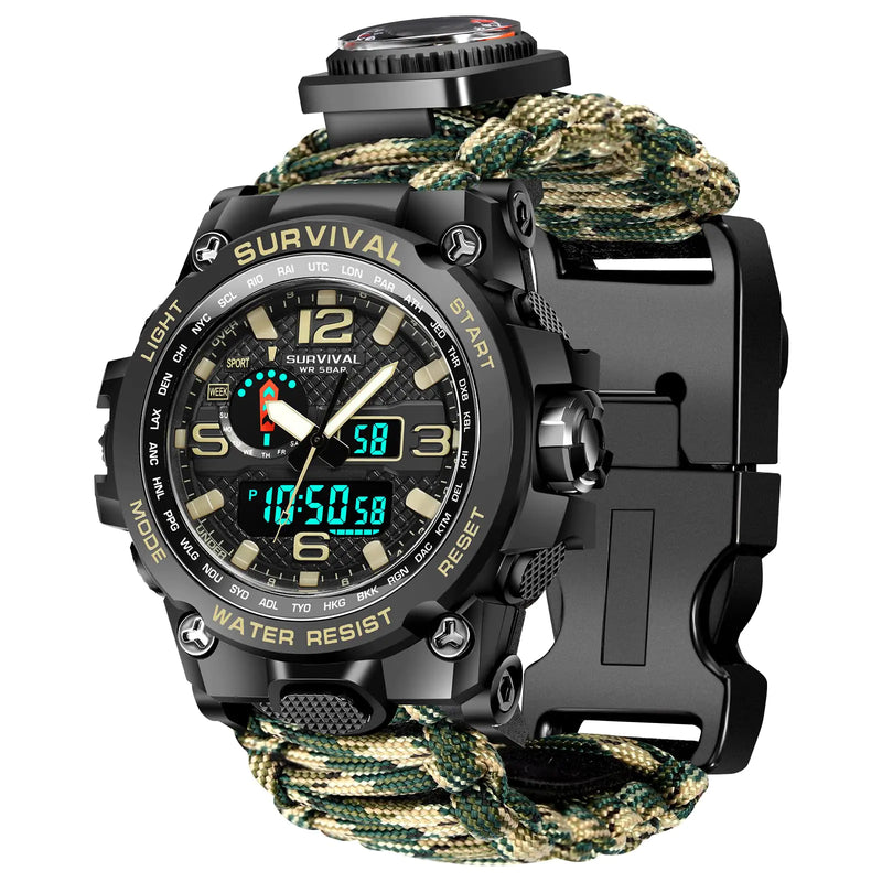 Kavie 23-in-1 Military Tactical Watch for Men Multifunctional Outdoors Waterproof Survival Watches with Compass Whistle Fire Starter and Thermometer Paracord Watch Bracelets with Outdoor Army Gear